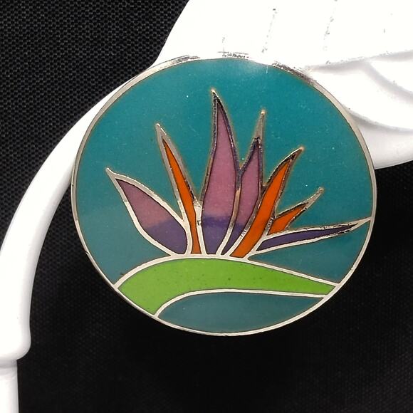 Vintage Laurel Burch Bird of Paradise Post Earrings, Silver Tone Cloisonné - Picture 3 of 10